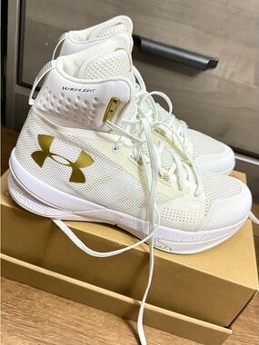 Under Armour Women’s White High-Top Sneakers with Gold Logo